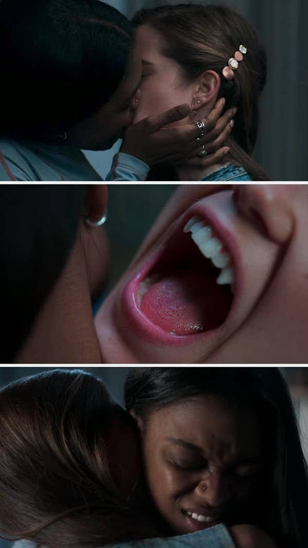 14. Netflix'in yeni vampir dizisi First Kill'de, Juliette ve Cal'in sürpriz sonlu öpücük sahnesi.
