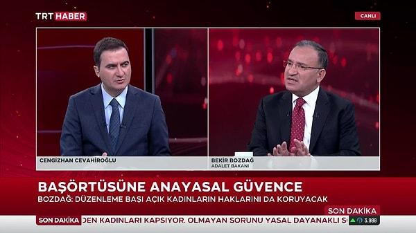 Bakan Bozdağ, TRT Haber’de katıldığı canlı yayında başörtüsüyle ilgili anayasa değişikliği hakkında da konuştu. Bozdağ, işi referanduma götürmeden meclisteki oylamayla çözmek istediklerini belirtti.