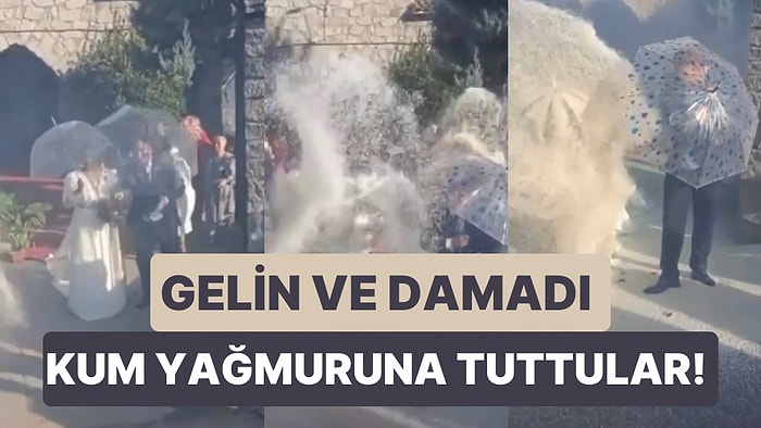 Şemsiye Bile Etki Etmedi: Konuklar Tarafından Kum Yağmuruna Tutulan Gelin ve Damadın Zor Anları Viral Oldu