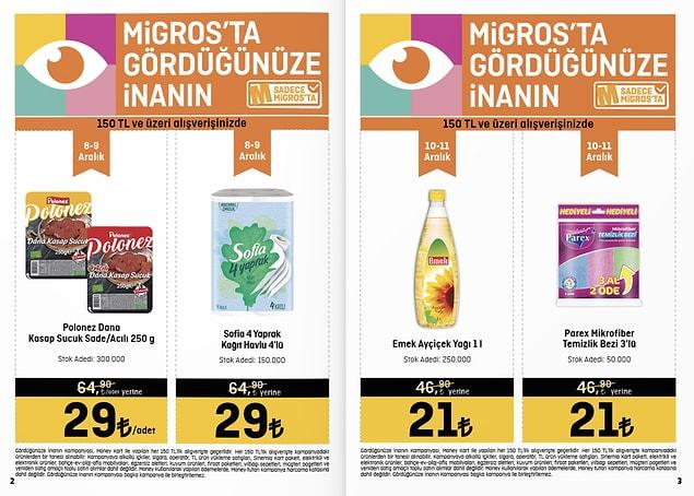 Les 8 et 9 décembre, Migros Polonez Rindermetzger Natur/Hotwurst 250g et Sofia 4 feuilles de papier essuie-tout pour 4 pour 29 TL.