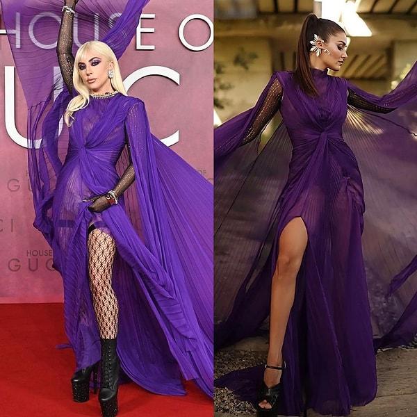 8. Hande Erçel'in mor elbisesini görenler Lady Gaga'nın "House of Gucci" galasında giydiği elbiseyi hatırlamıştı.