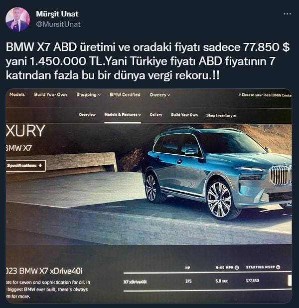 BMW X7 ABD üretimi fiyatı sadece 77 bin 850 dolar tutarındayken, 1 milyon 450 bin TL'den bir miktar yüksek oluyor. Kısaca Türkiye'de vergilerle ABD'den 7 kattan fazla pahalıya geliyor.