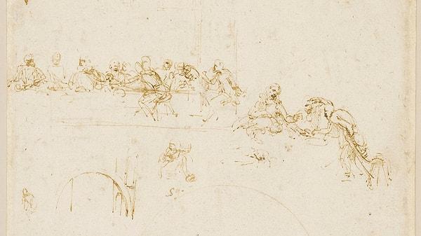 Leonardo'nun 1494'te defterine çizdiği Son Akşam Yemeği tablosunun taslak çizimine bakalım.