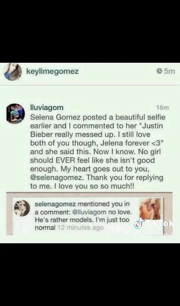 Video, Gomez'in geçmişte yazdığı ve Justin'in "modellerle" görüşmeyi tercih ettiğini öne süren bir Instagram yorumunun ekran görüntüsünü de gösterdi.