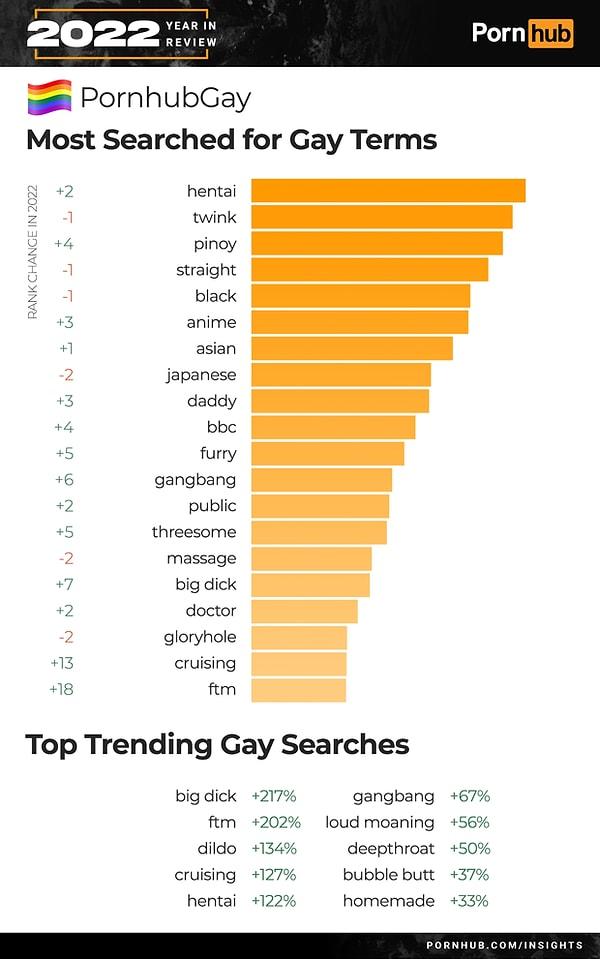 Pornhub'ın homoseksüel bireyler için çıkarttığı istatistikler de var. En çok aratılan terim 'hentai' olmuş.