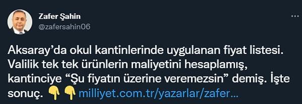 Gazeteci Zafer Şahin, Aksaray Valiliği'nin yaptığı kantin maliyeti hesabını paylaştı. Bu hesaba göre, valilik kantinlerin fahiş kar etmelerinin önüne geçmişti.