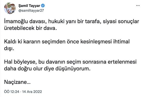 AKP MKYK üyesi ve üç dönem milletvekilliği yapmış olan Şamil Tayyar açık bir şekilde ifade etmese de kararı eleştirdi.