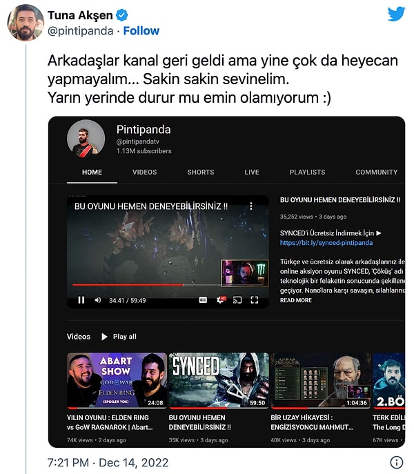 Ve nihayet mutlu son! PintiPanda kalıcı olarak kapatılan YouTube kanalını geri almayı başardığını açıkladı.