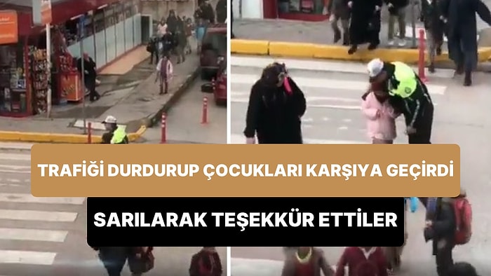 Trafiği Durdurarak Karşıya Geçmelerine Yardımcı Olan Polis Memuruna Sarılarak Teşekkür Eden Çocuklar