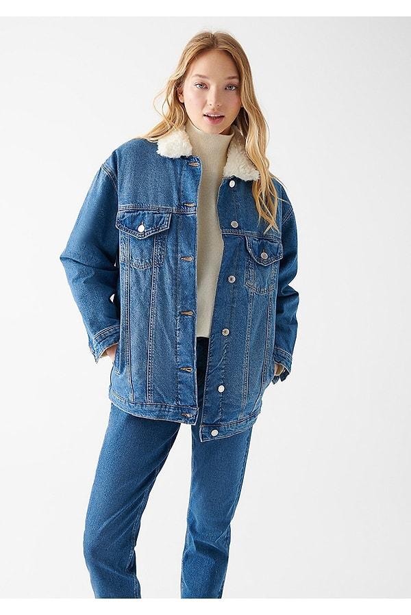 12. Mavi Sandy Suni Kürk Detaylı Jean Ceket Oversize / Geniş Kesim