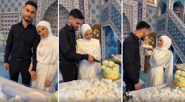 İddiaya göre imamdan izin alan çift camiye masa kurup dini nikah kıydılar. Nikahın ardından pasta da kesen çift, fotoğraf çekilmeyi de ihmal etmedi.