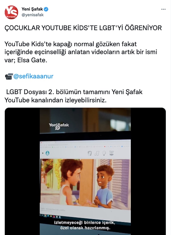 Yeni Şafak haber kanalının "Çocuklar YouTube Kids'te LGBT'yi Öğreniyor" başlıklı haberi sosyal medya kullanıcıları tarafından dikkat çekti.