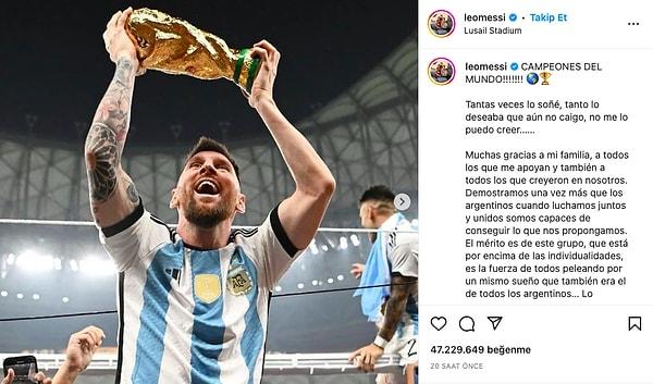 Arjantinli yıldızın "O kadar çok hayal ettim ki, o kadar çok istedim ki hala inanamıyorum." notuyla paylaştığı fotoğraf, Instagram tarihinin en çok beğeni alan spor paylaşımı oldu.