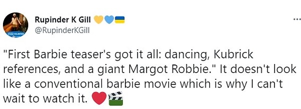 "İlk Barbie teaser'ında her şey var: Dans, Kubrick referansları ve dev bir Margot Robbie." Geleneksel bir Barbie filmi gibi görünmüyor, bu yüzden onu izlemek için sabırsızlanıyorum. ❤