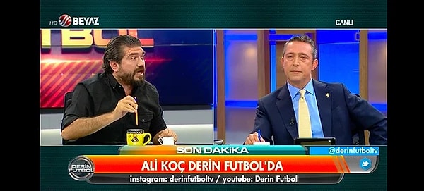 17. Fenerbahçe Başkanı Ali Koç, Beyaz TV’de yayımlanan Derin Futbol programının konuğu oldu. Ali Koç ile Rasim Ozan Kütahyalı arasında yaşananları izleyenler ise Türk televizyonları tarihinde yer alacak konuşmalara şahitlik ettiler.