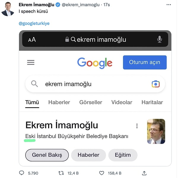 İBB Başkanı Ekrem İmamoğlu, Twitter hesabı üzerinden Google'ı hedef alarak yaptığı paylaşıma eklediği 'I speech kürsü' notuyla merak uyandırdı.