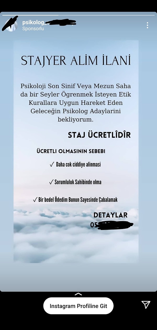 Geçtiğimiz gün Instagram'da reklam veren bir psikoloğun 'ücretli stajyerlik' teklifi ise işi çok başka bir boyuta taşıdı... 👇