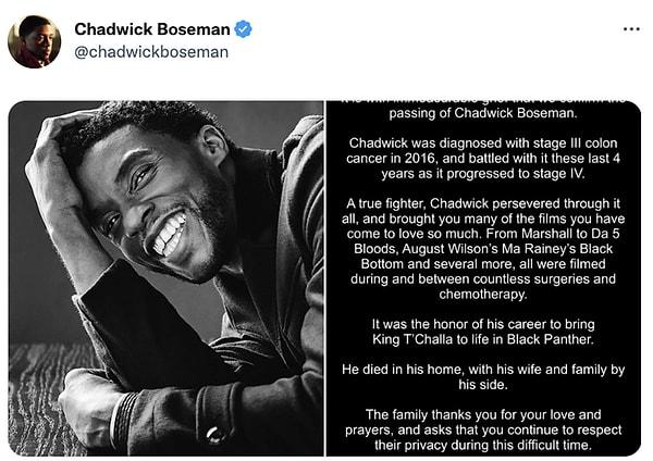 Ünlü oyuncu Chadwick Boseman’ın hayatını kaybettiği öğrendiğimiz o tweet: