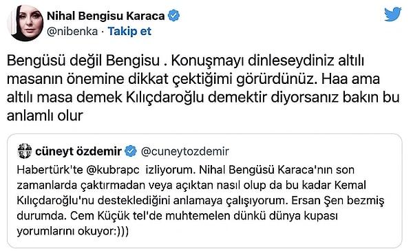 Gazeteci Cüneyt Özdemir ise Karaca'nın çıkışını anlamlandıramayınca Twitter'dan göndermeli bir paylaşımda bulunmuş, ardından ikili arasında Kemal Kılıçdaroğlu polemiği yaşanmıştı.