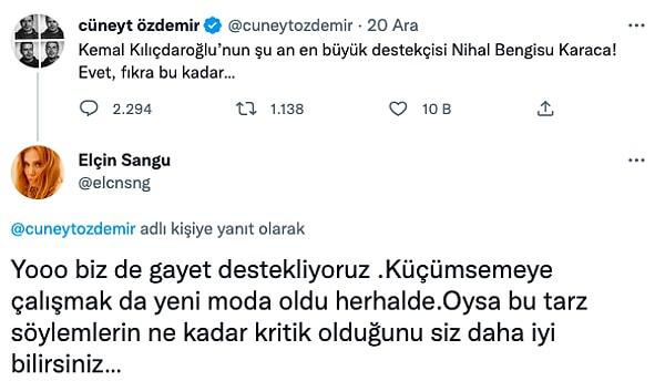 Kılıçdaroğlu'nu desteklediğini açıklayan Sangu, Cüneyt Özdemir'in söylemlerini yanlış bulduğunu ima ederek tepkisini gösterdi.