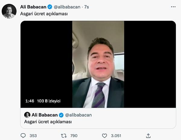 DEVA Partisi Genel Başkanı Ali Babacan ise asgari ücrete tepkisini Twitter'da açtığı canlı yayında dile getirdi;