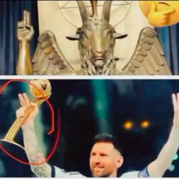 Yılın Futbolcusu Ödülü'nü de kazanan Messi bu kez, Altın Top ödülünü kaldırırken yaptığı iki parmak işaretiyle Şeytan'ın temsilcisi Baphomet'e benzetildi.