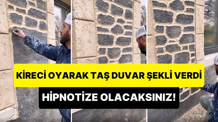 Kireç Sıvayı Yontarak Duvara Taş Duvar Şekli Veren İnşaat İşçisinin Hipnotize Edici Anları