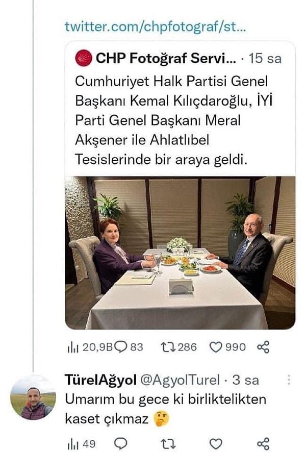 CHP Fotoğraf Servisi'nin paylaştığı fotoğrafın altına "Umarım bu geceki birliktelikten kaset çıkmaz!" ifadesini yazan Türel Ağyol, paylaşımını kısa süre sonra kaldırdı.
