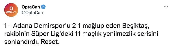 Beşiktaş, Adana Demirspor'un 11 maçlık yenilmezlik serisine noktayı koydu.