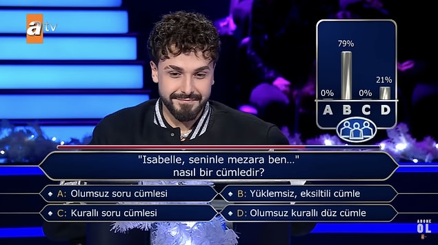 3.000 TL değerindeki 3. soruyu yanıtlamakta güçlük çeken genç rapçi seyirci joker hakkını kullanmayı tercih etti.