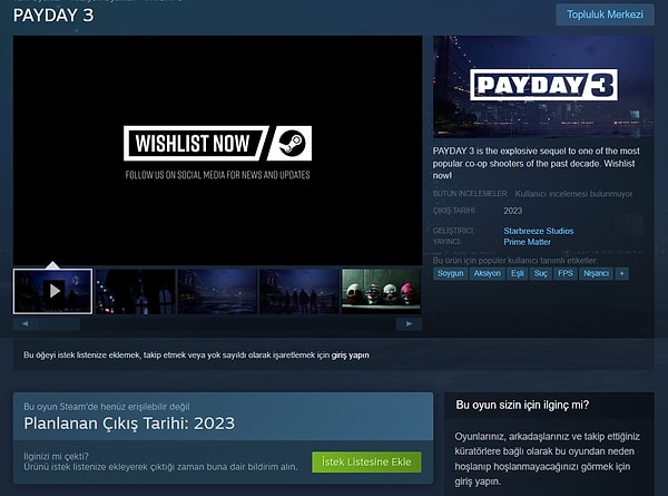 Payday 3'ün Steam sayfası da açıldı. Biz Türk oyuncuları hayli sevindirecek gelişmeler de var.