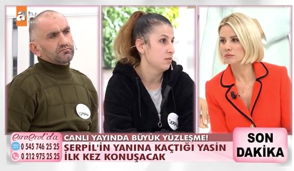 Yasin'in yayına bağlanması ile ortamın iyice gerildiği programda eski sevgilisine kaçan Serpil'in eşi İsmail'e karşı kurduğu cümleler Esra Erol'u çileden çıkardı.