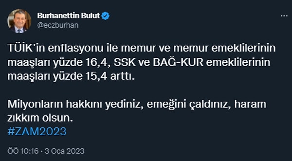 CHP Adana Milletvekili Burhanettin Bulut, bir paylaşımında "TÜİK yine milyonlarca memurun, emeklinin hakkını yedi; emeğini çaldı" derken, sonrasında şu ifadeleri kullandı.