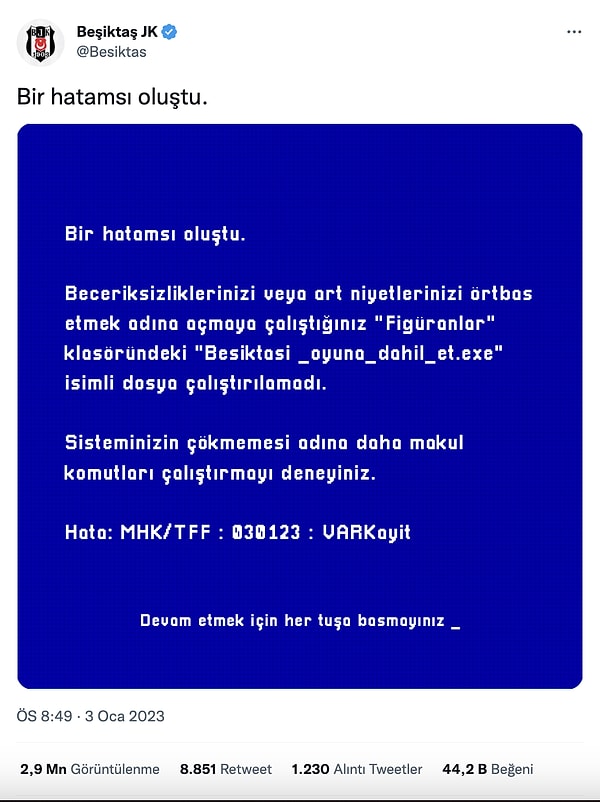 TFF'nin yapay zeka algoritmasına da göndermede bulunan Beşiktaş, bilgisayar hatası şeklinde açıklama yaptı.