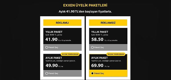 Exxen abonelerine hem reklamlı hem de reklamsız paket seçenekleri sunuyor. Bunların 2023 fiyatları ise aşağıdaki gibi güncellendi.