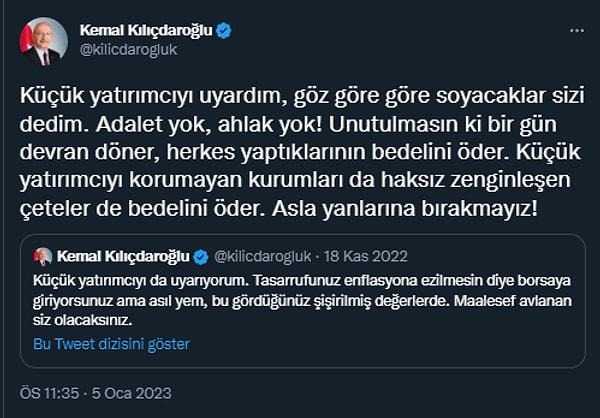 CHP lideri Kemal Kılıçdaroğlu, bu dönemlerde yatırımcıları uyarmıştı. Dün yaşananlar sonrası uyarılarını hatırlatarak alıntıyla yeni bir paylaşım yaptı.