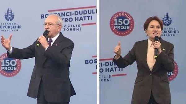 udullu-Bostancı metrosunun açılışında konuşan CHP Genel Başkanı Kılıçdaroğlu ve İYİ Parti Genel Başkanı Akşener,  İBB Başkanı İmamoğlu'na destek mesajları verdi. Kılıçdaroğlu, "Ekrem İmamoğlu’nun kılını dahi teslim etmeyeceğiz" derken, Akşener "İmamoğlu’nu verirsek yuh olsun bize" diye çıkıştı