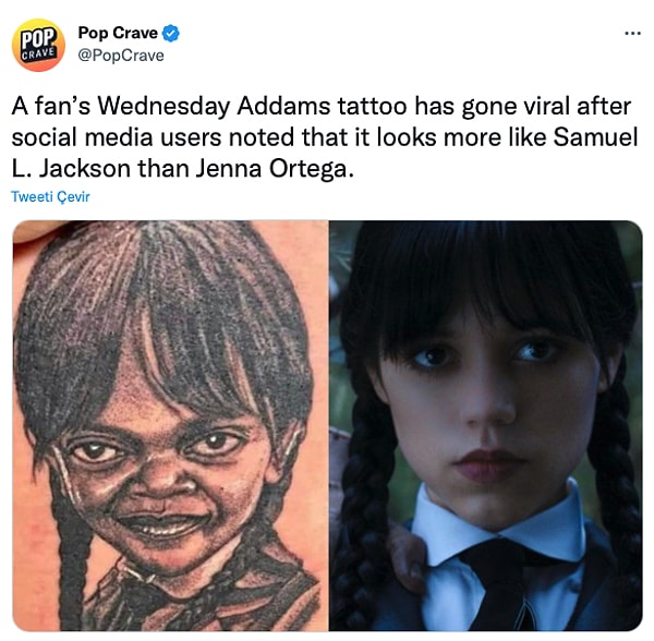 14. "Bir hayranın Wednesday Addams dövmesi, sosyal medya kullanıcılarının Jenna Ortega'dan ziyade Samuel L. Jackson'a benzetmesiyle viral oldu."