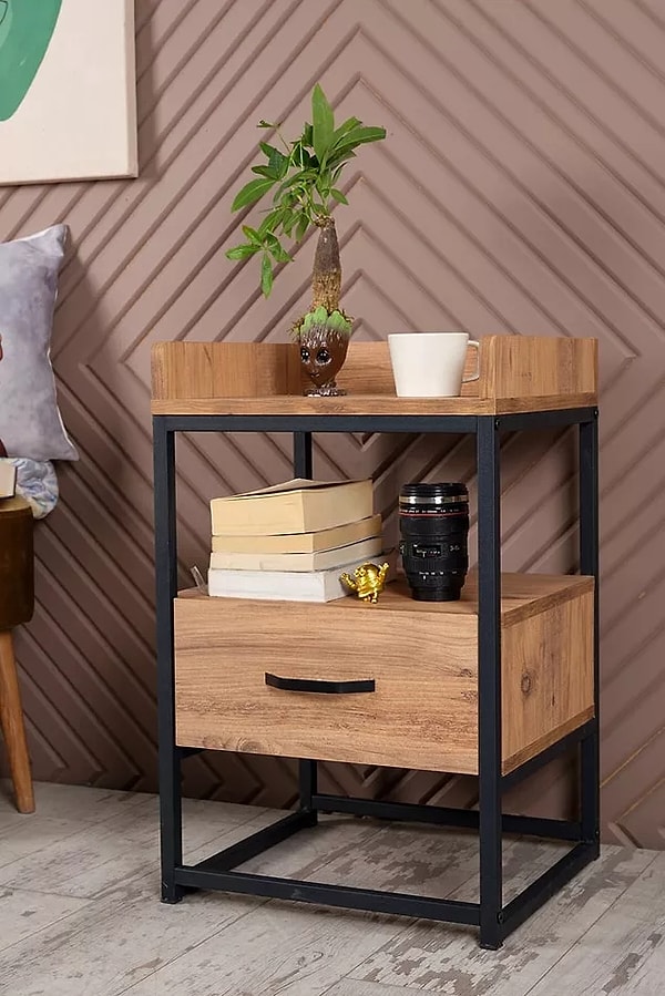 9. Wooden bedside table with a metal body, one drawer.