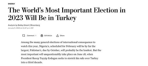Geçtiğimiz gün The Washington Post’ta "2023 Yılında Dünyanın En Önemli Seçimi Türkiye'de Olacak" başlığı ile bir analiz yayımlandı.