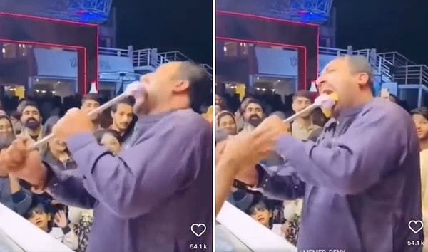 O anlarda dondurmasını bekleyen ancak dondurmacının oyunlarından sıkılan bir adam, sopayı eliyle tutarak dondurmayı ağzıyla aldı.