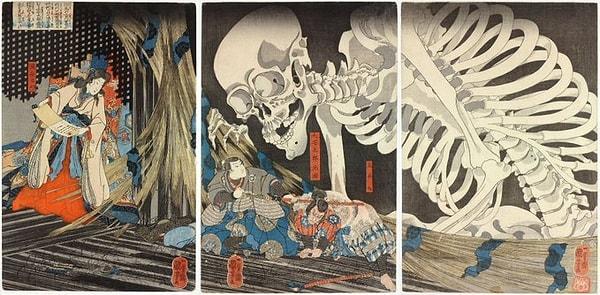 Ukiyo-e baskılarında manzara dışında mitolojik kahramanlara da yer veriliyordu. Hatta hayaletli hikayelere bile...