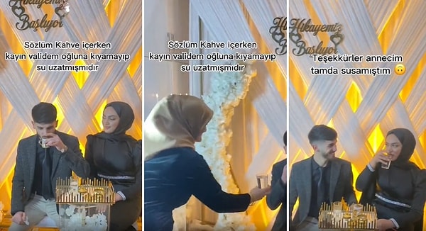 Paylaşılan bir videoda tuzlu kahve içen Umut isimli oğluna su getiren anne Rozerin isimli gelininin tepkisi ile karşılaşıyor. Kaynanasının getirdiği bardağı kapan gelin, suyu kendi içti.