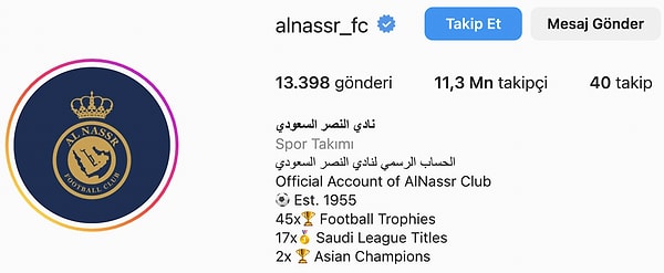 Al-Nassr Instagram adresine göre takımın 45 kupası vardı. 17 kez Suudi Arabistan şampiyonu, 2 kez de Asya Kupası'nı kazanmıştı.