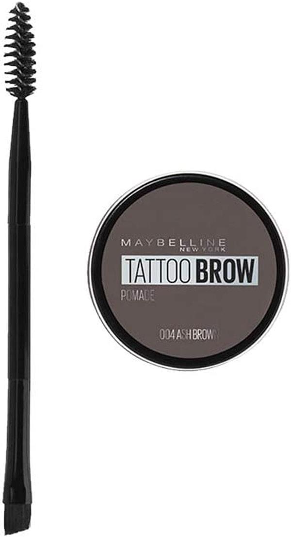 Kalem çektikten sonra daha kalın gözükmesi için kullanabileceğiniz ürünlerden biri Maybelline Tattoo Brow kaş pomadı.