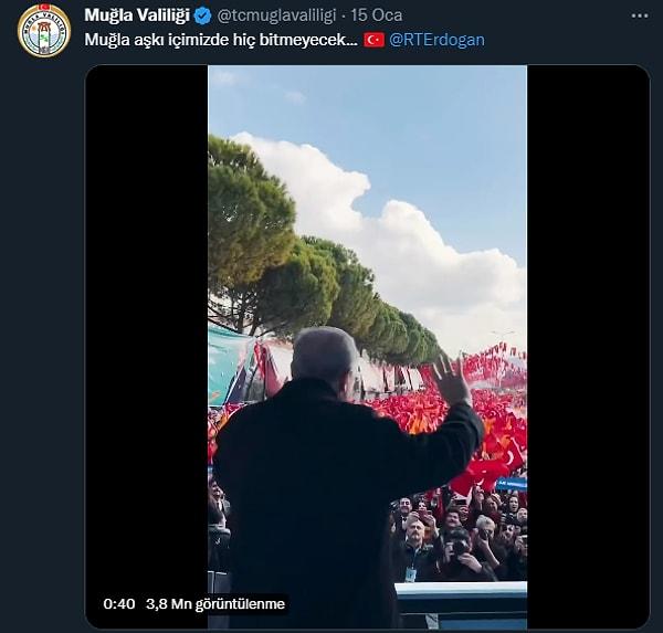 Muğla Valiliği, kurumsal Twitter hesabından AK Parti videosu paylaştı. Paylaşıma ayrıca 'Muğla aşkı içimizde hiç bitmeyecek, Recep Tayyip Erdoğan' notu düşüldü.