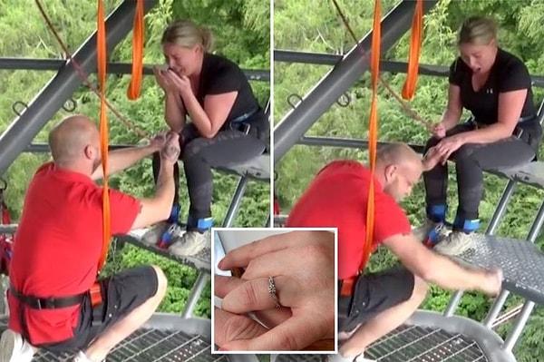 44 yaşındaki Marc Watson isimli adam, başına geleceklerden habersiz evlenme teklifi etmek istedi. Metrelerce yükseklikten yüzüğü aşağı düşüren adamın yaşadığı şok yüzünden okunuyordu.
