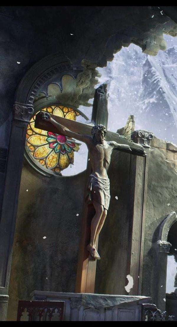 11. Pinocchio (2022) filminin başlangıcında Hz. İsa'nın heykelinin sol kolu yok.