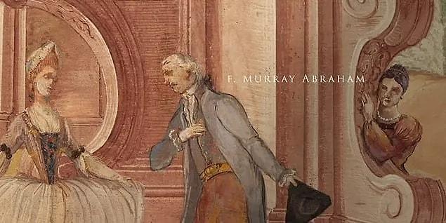 14. While the opening credits show a man courting a woman, F. Murray Abraham's name is written. The image almost describes the character he portrays.