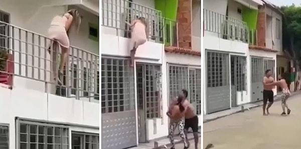 Paylaşılan görüntülerde yer alan iddiaya göre, o kadın, birlikte olduğu erkeğin karısı tarafından basılınca yakalanmamak için balkondan kaçmaya çalıştı.